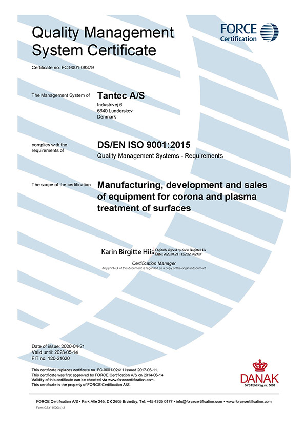 Certificate FC 9001 08379 UK Tantec 2020